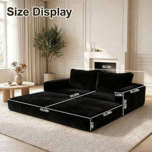 English Elm 59 Inch Corduroy Convertible Floor Sofa with Modular Chaise and Cloud Cushion Filling Black W5105P502870