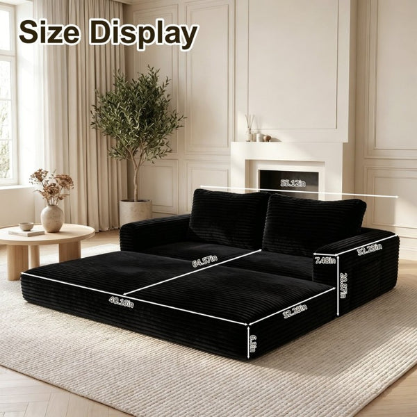 English Elm 59 Inch Corduroy Convertible Floor Sofa with Modular Chaise and Cloud Cushion Filling Black W5105P502870