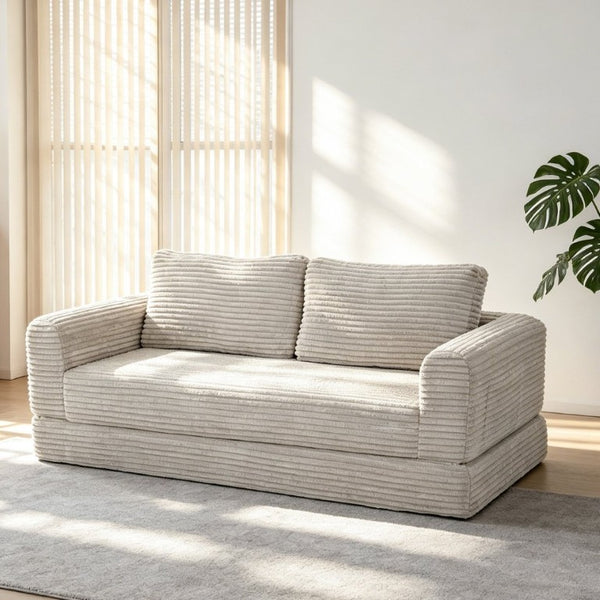 English Elm 59 Inch Corduroy Convertible Floor Sofa with Modular Chaise and Cloud Cushion Filling Beige White W5105P502871
