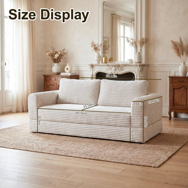 English Elm 59 Inch Corduroy Convertible Floor Sofa with Modular Chaise and Cloud Cushion Filling Beige White W5105P502871