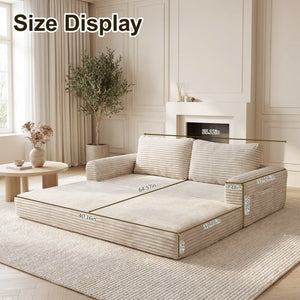 English Elm 59 Inch Corduroy Convertible Floor Sofa with Modular Chaise and Cloud Cushion Filling Beige White W5105P502871