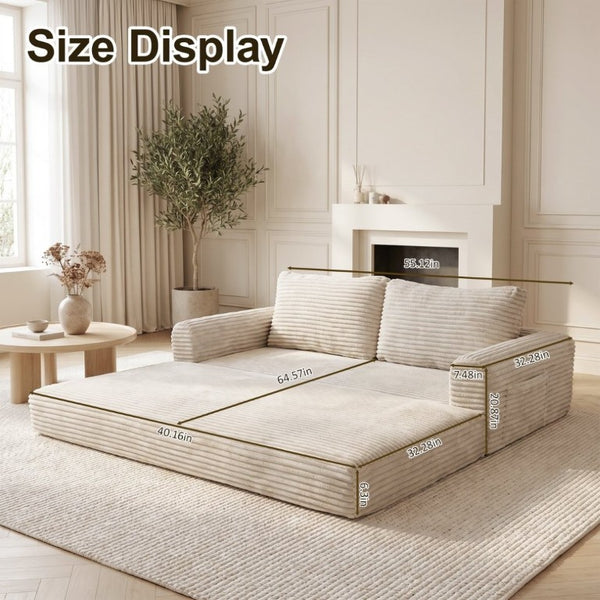 English Elm 59 Inch Corduroy Convertible Floor Sofa with Modular Chaise and Cloud Cushion Filling Beige White W5105P502871