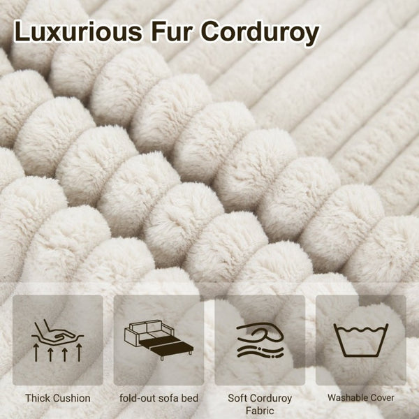 English Elm 59 Inch Corduroy Convertible Floor Sofa with Modular Chaise and Cloud Cushion Filling Beige White W5105P502871
