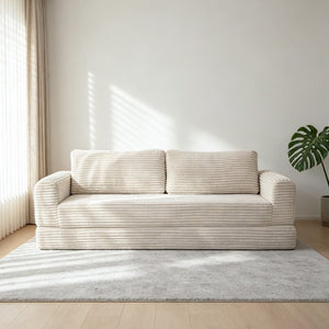 English Elm 76 Inch Cloud Corduroy Futon Sofa Bed Foldable Floor Couch for Living Room Guests Beige White W5105P502876