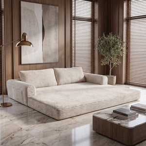 English Elm 76 Inch Cloud Corduroy Futon Sofa Bed Foldable Floor Couch for Living Room Guests Beige White W5105P502876