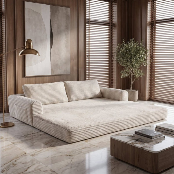 English Elm 76 Inch Cloud Corduroy Futon Sofa Bed Foldable Floor Couch for Living Room Guests Beige White W5105P502876