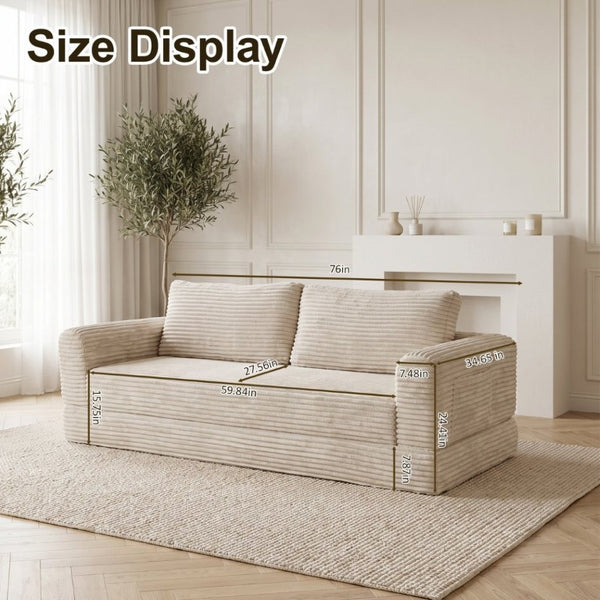 English Elm 76 Inch Cloud Corduroy Futon Sofa Bed Foldable Floor Couch for Living Room Guests Beige White W5105P502876