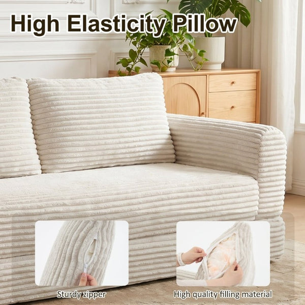 English Elm 76 Inch Cloud Corduroy Futon Sofa Bed Foldable Floor Couch for Living Room Guests Beige White W5105P502876