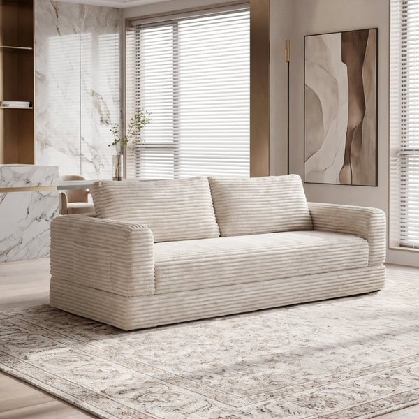 English Elm 76 Inch Cloud Corduroy Futon Sofa Bed Foldable Floor Couch for Living Room Guests Beige White W5105P502876