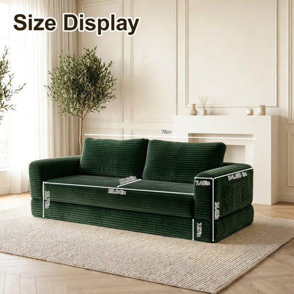 English Elm 76 Inch Cloud Corduroy Futon Sofa Bed Foldable Floor Couch for Living Room Guests Green W5105P506339
