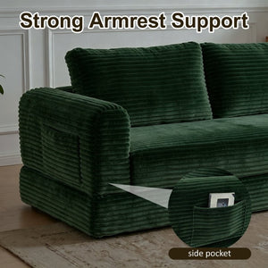 English Elm 59 Inch Corduroy Convertible Floor Sofa with Modular Chaise and Cloud Cushion Filling Green W5105P506342