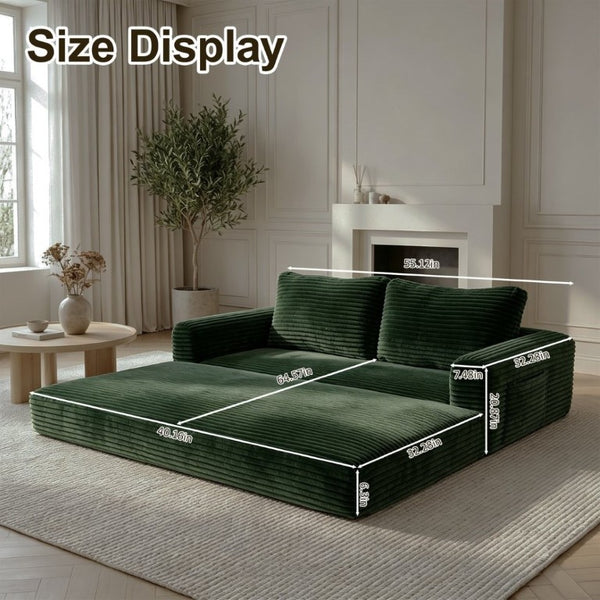 English Elm 59 Inch Corduroy Convertible Floor Sofa with Modular Chaise and Cloud Cushion Filling Green W5105P506342