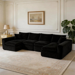 English Elm Modular U Shaped Cloud Sectional with Memory Foam Corduroy Upholstery for Living Room Black W5105S00004