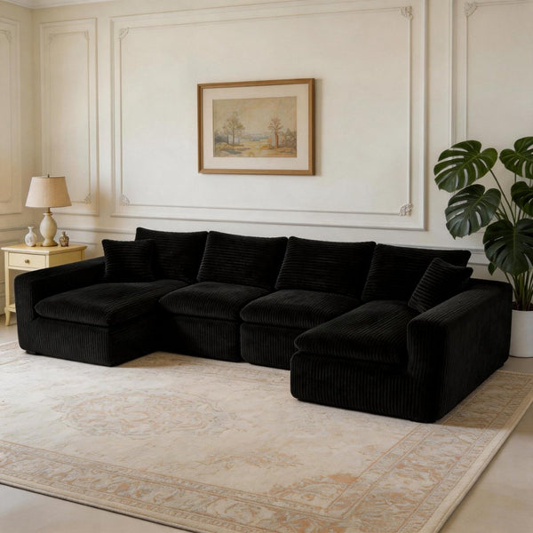 English Elm Modular U Shaped Cloud Sectional with Memory Foam Corduroy Upholstery for Living Room Black W5105S00004