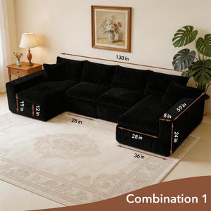 English Elm Modular U Shaped Cloud Sectional with Memory Foam Corduroy Upholstery for Living Room Black W5105S00004