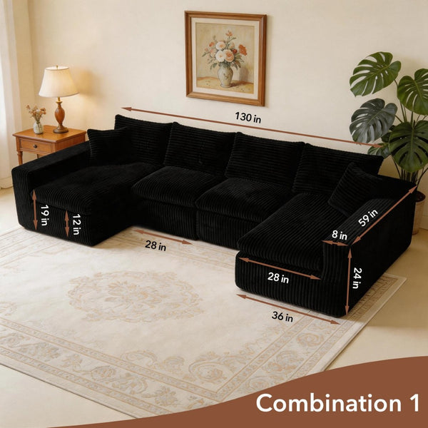English Elm Modular U Shaped Cloud Sectional with Memory Foam Corduroy Upholstery for Living Room Black W5105S00004