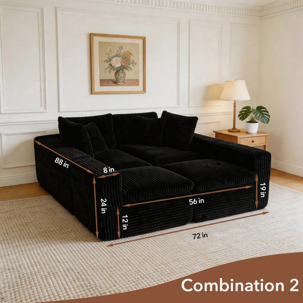English Elm Modular U Shaped Cloud Sectional with Memory Foam Corduroy Upholstery for Living Room Black W5105S00004