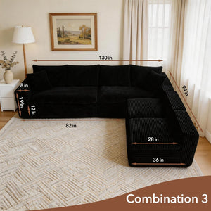 English Elm Modular U Shaped Cloud Sectional with Memory Foam Corduroy Upholstery for Living Room Black W5105S00004