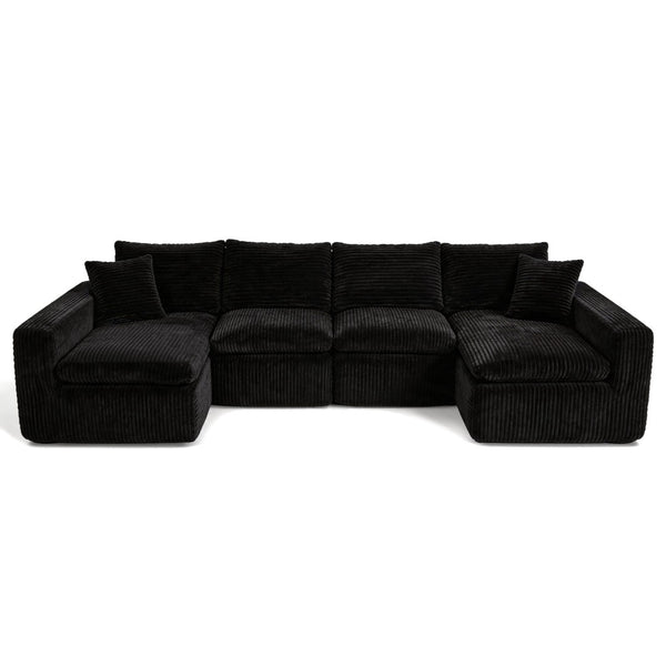 English Elm Modular U Shaped Cloud Sectional with Memory Foam Corduroy Upholstery for Living Room Black W5105S00004