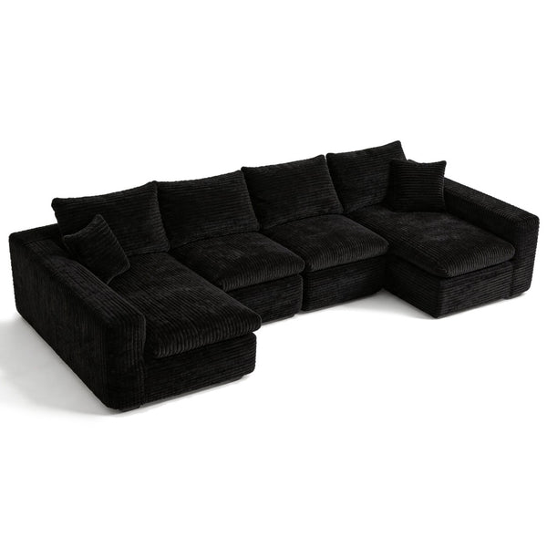 English Elm Modular U Shaped Cloud Sectional with Memory Foam Corduroy Upholstery for Living Room Black W5105S00004