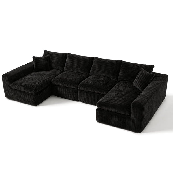 English Elm Modular U Shaped Cloud Sectional with Memory Foam Corduroy Upholstery for Living Room Black W5105S00004