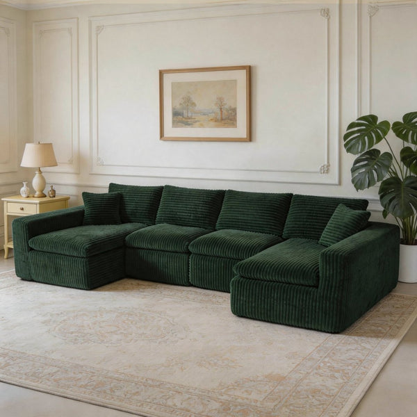 English Elm Modular U-shaped Cloud Sectional Sofa Deep Memory Foam Corduroy Living Room Couch Green W5105S00005