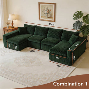 English Elm Modular U-shaped Cloud Sectional Sofa Deep Memory Foam Corduroy Living Room Couch Green W5105S00005