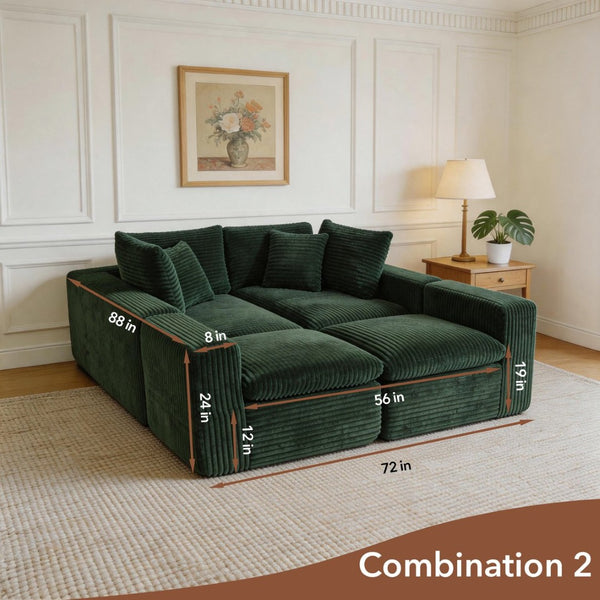 English Elm Modular U-shaped Cloud Sectional Sofa Deep Memory Foam Corduroy Living Room Couch Green W5105S00005