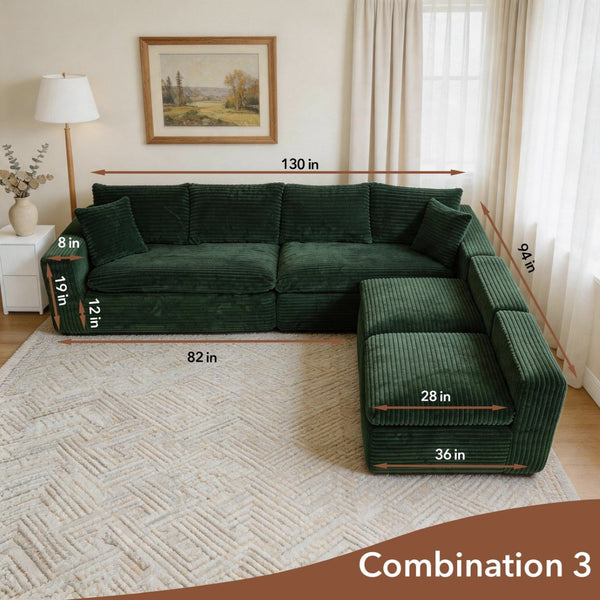 English Elm Modular U-shaped Cloud Sectional Sofa Deep Memory Foam Corduroy Living Room Couch Green W5105S00005