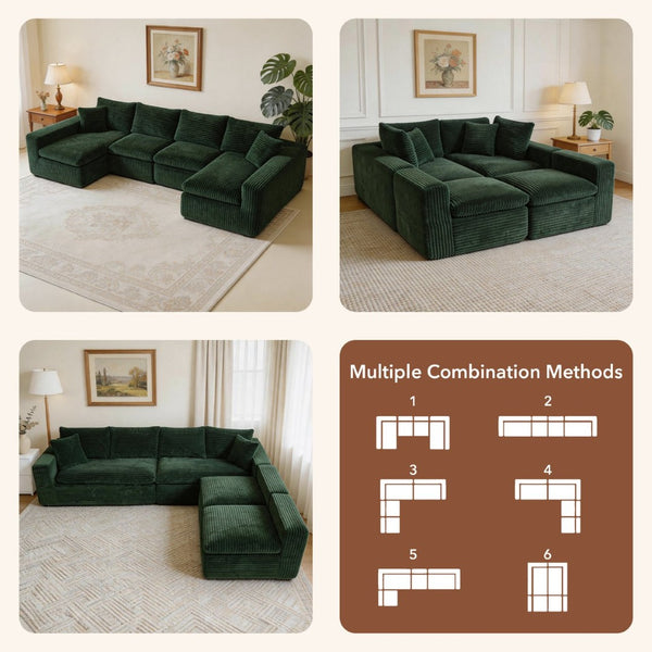 English Elm Modular U-shaped Cloud Sectional Sofa Deep Memory Foam Corduroy Living Room Couch Green W5105S00005
