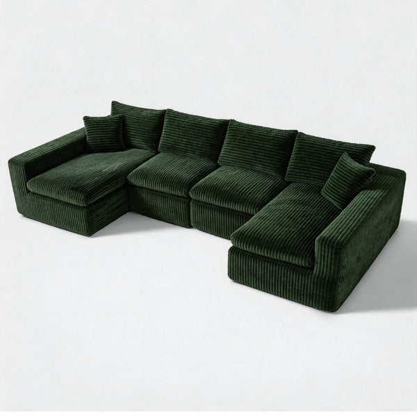 English Elm Modular U-shaped Cloud Sectional Sofa Deep Memory Foam Corduroy Living Room Couch Green W5105S00005