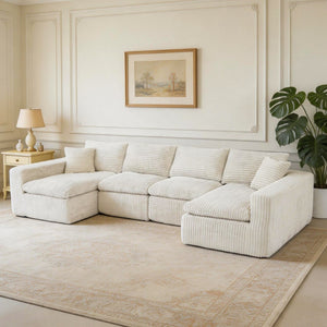 English Elm Modular U Shaped Cloud Sectional with Memory Foam Corduroy Upholstery for Living Room Beige White W5105S00006