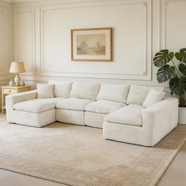 English Elm Modular U Shaped Cloud Sectional with Memory Foam Corduroy Upholstery for Living Room Beige White W5105S00006