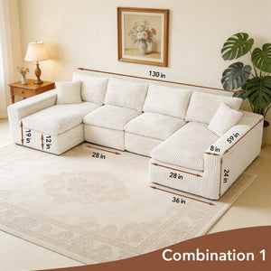 English Elm Modular U Shaped Cloud Sectional with Memory Foam Corduroy Upholstery for Living Room Beige White W5105S00006