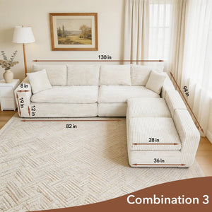 English Elm Modular U Shaped Cloud Sectional with Memory Foam Corduroy Upholstery for Living Room Beige White W5105S00006