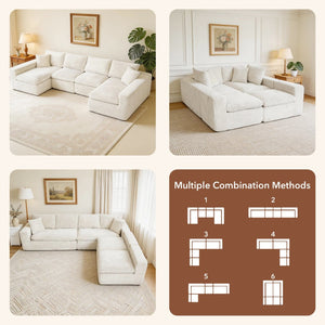 English Elm Modular U Shaped Cloud Sectional with Memory Foam Corduroy Upholstery for Living Room Beige White W5105S00006