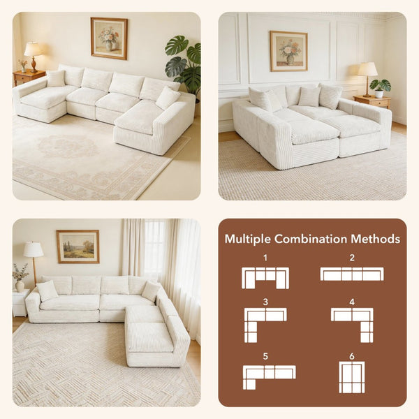 English Elm Modular U Shaped Cloud Sectional with Memory Foam Corduroy Upholstery for Living Room Beige White W5105S00006