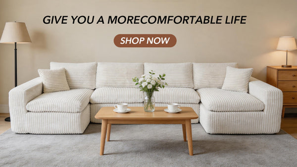 English Elm Modular U Shaped Cloud Sectional with Memory Foam Corduroy Upholstery for Living Room Beige White W5105S00006