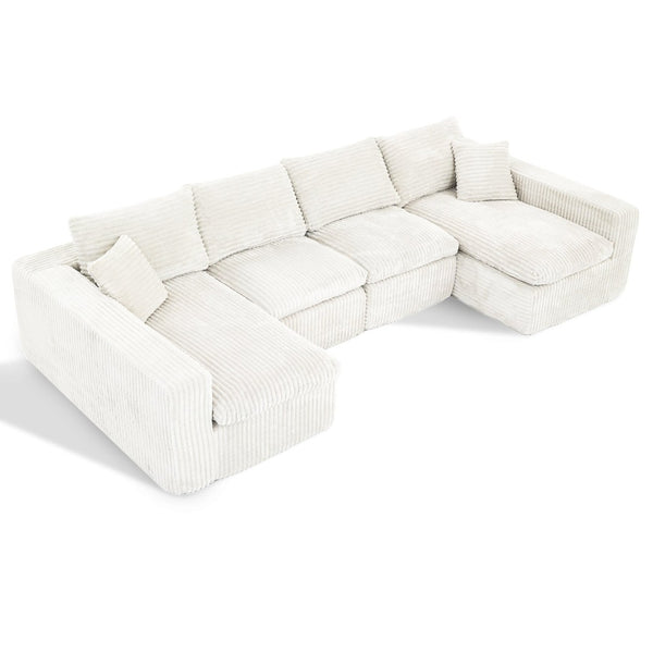 English Elm Modular U Shaped Cloud Sectional with Memory Foam Corduroy Upholstery for Living Room Beige White W5105S00006