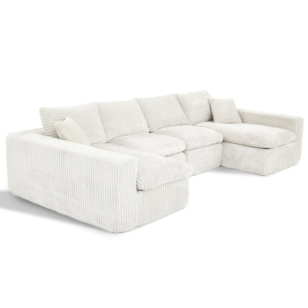English Elm Modular U Shaped Cloud Sectional with Memory Foam Corduroy Upholstery for Living Room Beige White W5105S00006