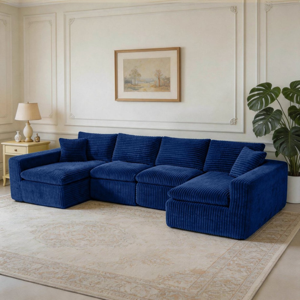 English Elm Modular U-shaped Cloud Sectional Sofa Deep Memory Foam Corduroy Living Room Couch Blue W5105S00007