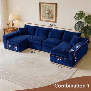 English Elm Modular U-shaped Cloud Sectional Sofa Deep Memory Foam Corduroy Living Room Couch Blue W5105S00007