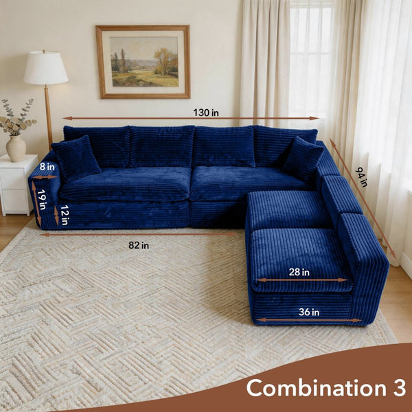 English Elm Modular U-shaped Cloud Sectional Sofa Deep Memory Foam Corduroy Living Room Couch Blue W5105S00007