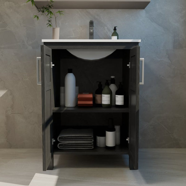 English Elm A Black and White Bathroom Vanity with Ceramic Basin Moisture Resistant Wood Storage W5107S00001