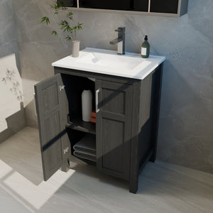 English Elm A Black and White Bathroom Vanity with Ceramic Basin Moisture Resistant Wood Storage W5107S00001