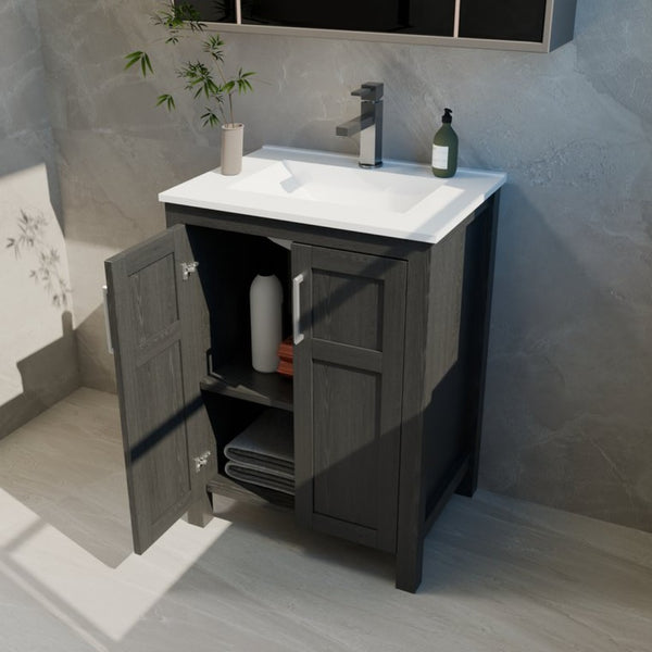English Elm A Black and White Bathroom Vanity with Ceramic Basin Moisture Resistant Wood Storage W5107S00001
