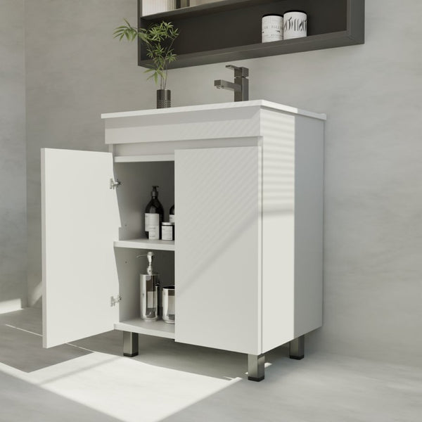 English Elm A 24 Inch White Floor Standing Bathroom Vanity with Integrated Sink and Soft Close Doors W5107S00003