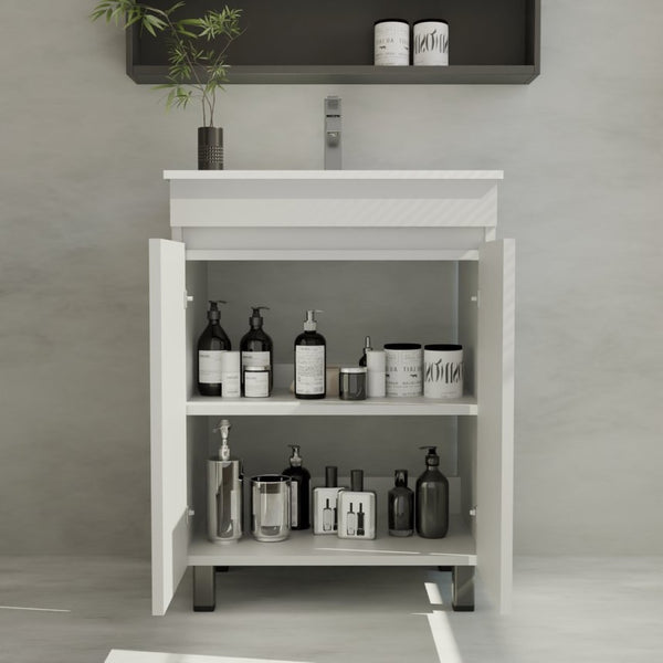 English Elm A 24 Inch White Floor Standing Bathroom Vanity with Integrated Sink and Soft Close Doors W5107S00003