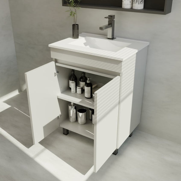 English Elm A 24 Inch White Floor Standing Bathroom Vanity with Integrated Sink and Soft Close Doors W5107S00003