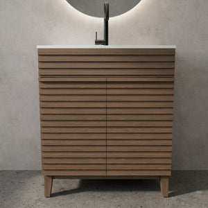 English Elm A 30 Inch Mid-Century Bathroom Vanity with Slatted Doors Tapered Legs and Ceramic Basin W5107S00005